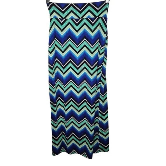 Ultra Flirt Blue Green Chevron Print Maxi Skirt Bodycon Women Size M Stretch - Picture 3 of 5